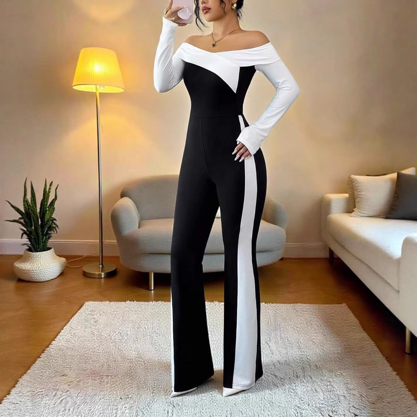 One-shoulder Color-block Elegant Off-shoulder Slim-fit Jumpsuit DC-Beyond Borders Collective