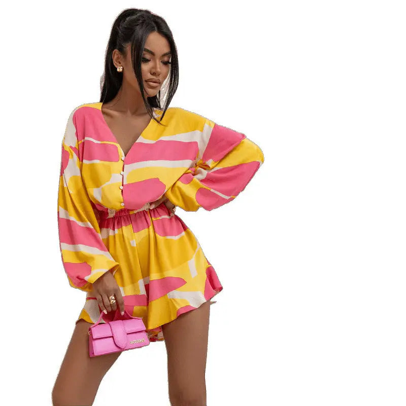 Printed V-neck Long Sleeve Jumpsuit DC-Beyond Borders Collective