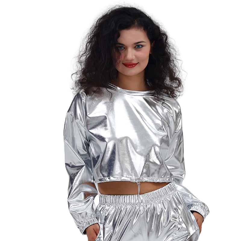 Long Sleeve Round Neck Drawstring Embossed Shiny Leather Sweatshirt DC-Beyond Borders Collective