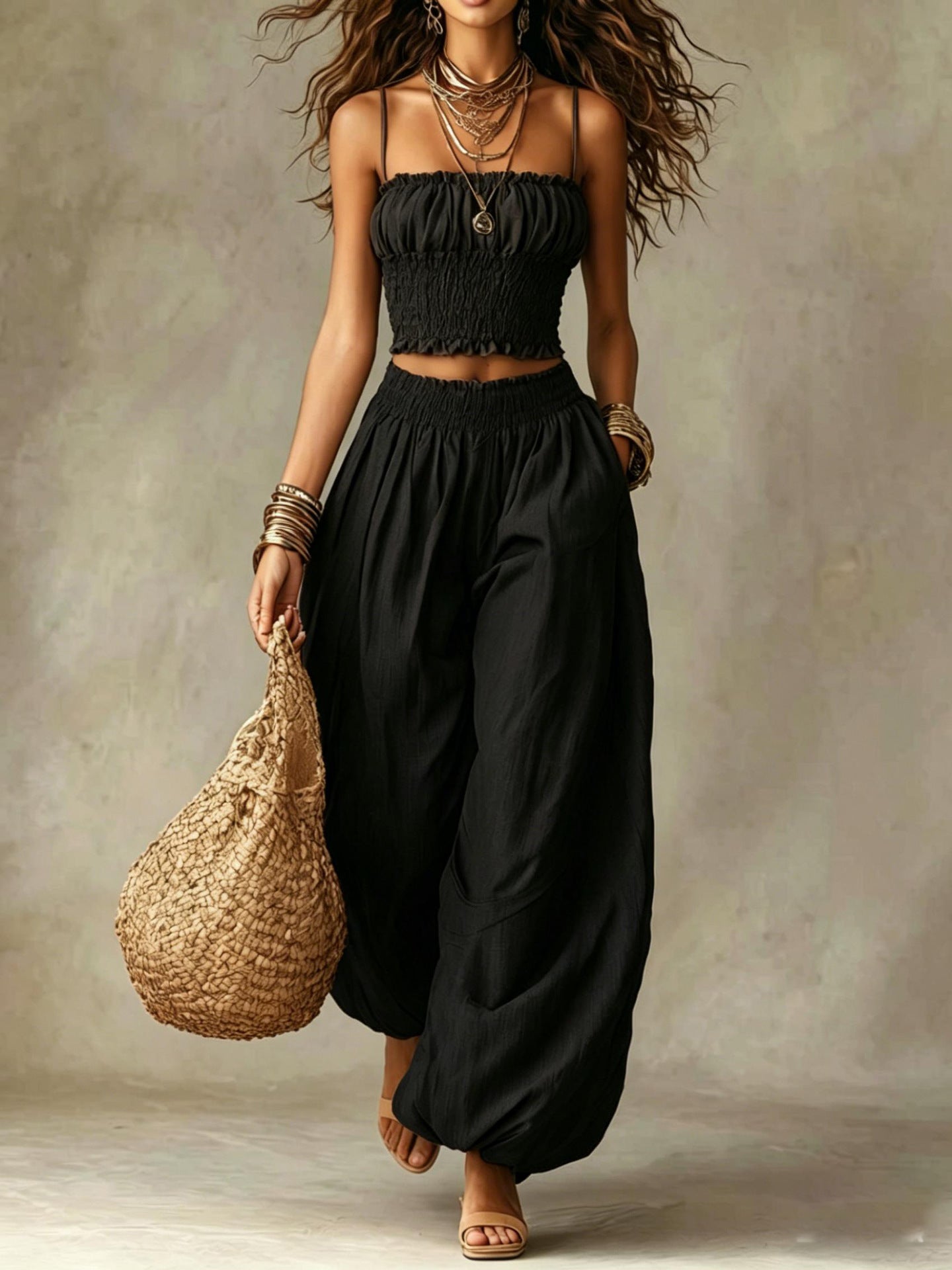 Elegant Strapless Cropped Camisole Paired With Lantern Pants Set DC-Beyond Borders Collective