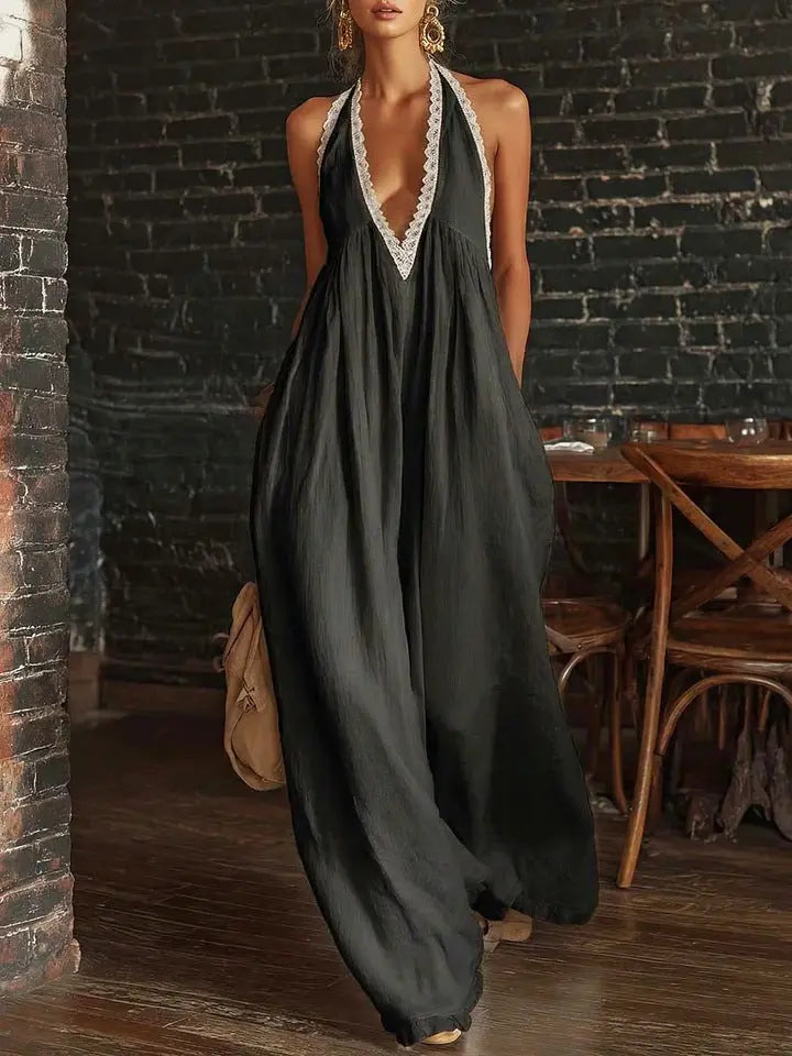Comfortable Lace-trimmed Loose Linen Jumpsuit DC-Beyond Borders Collective