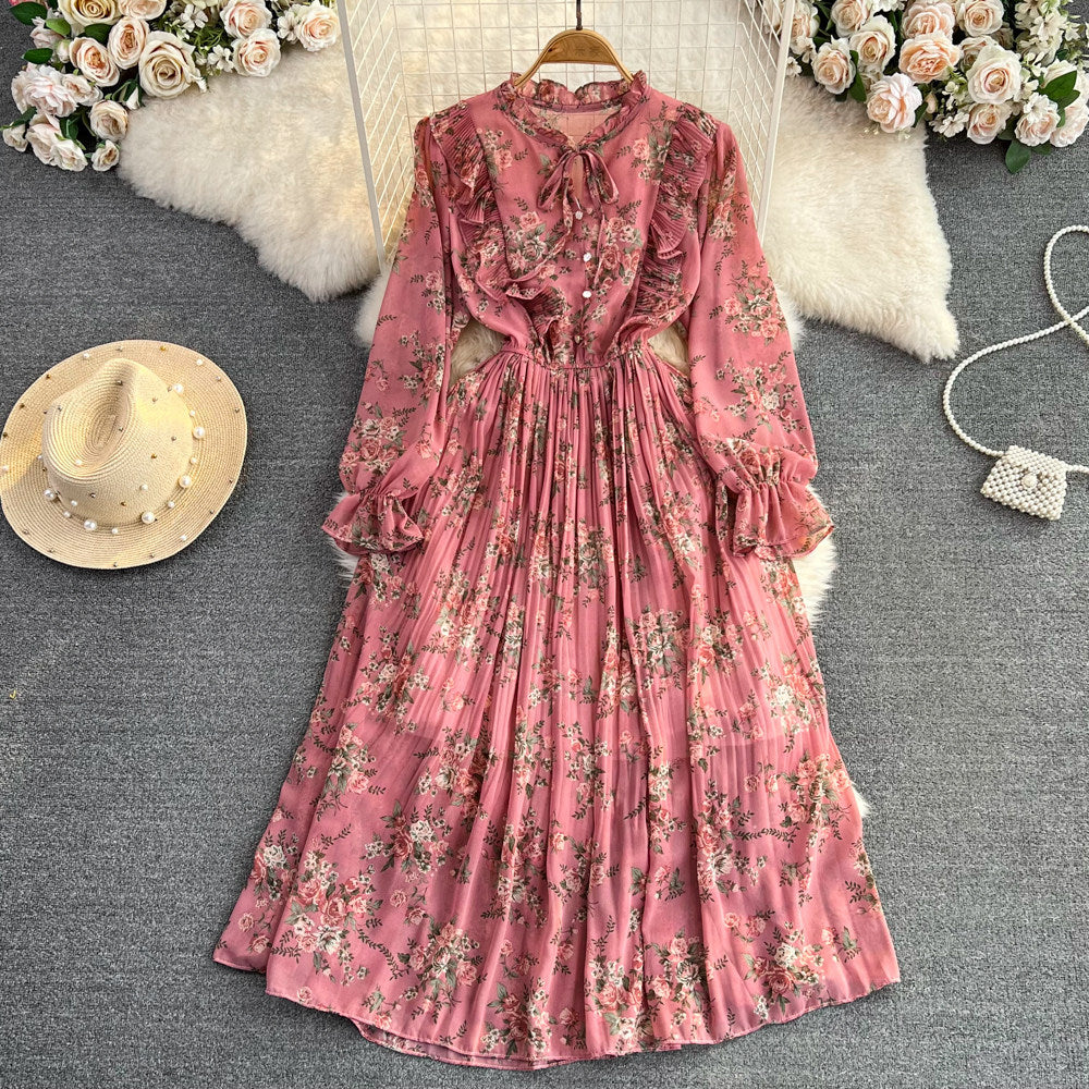 Womens Casual Round-neck Chiffon Dress With Ruffled Trim And Floral Print DC-Beyond Borders Collective
