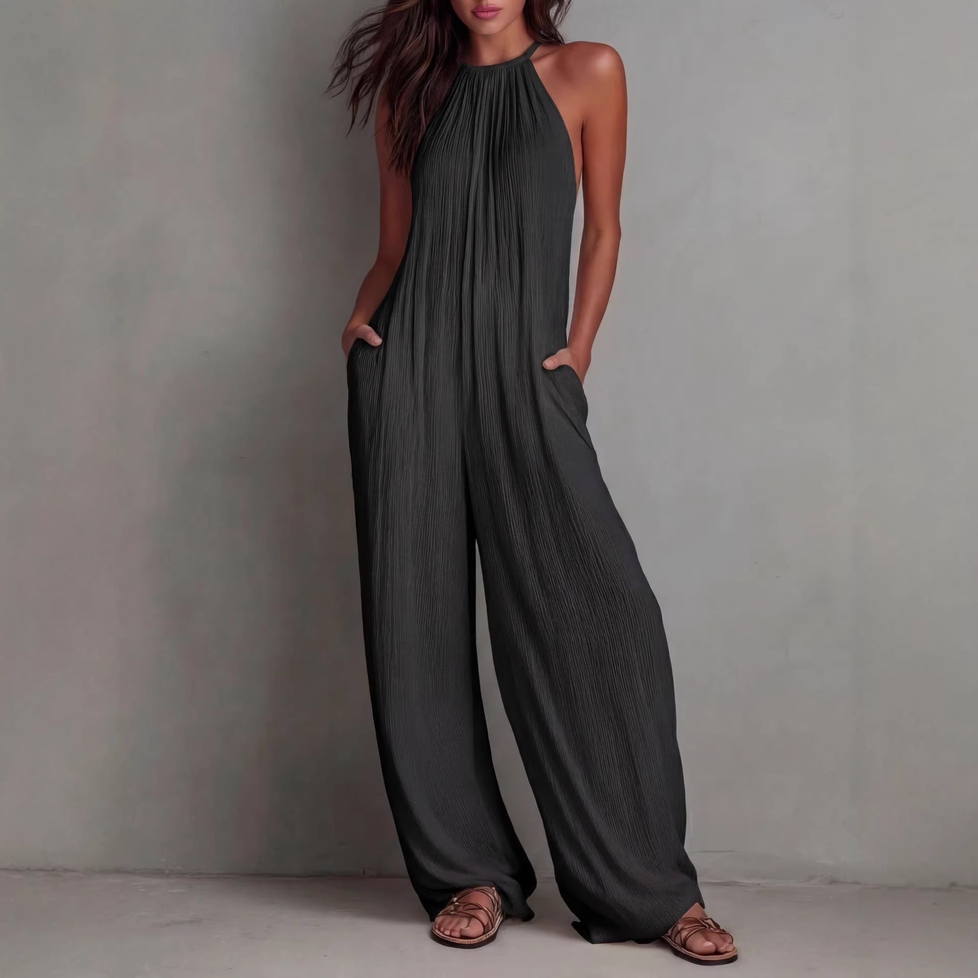 Resort-style White Pleated Open-back Wide-leg Jumpsuit DC-Beyond Borders Collective