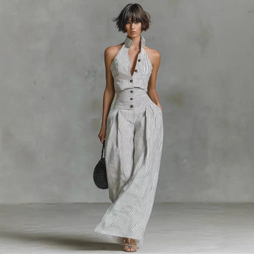 Button-front Sleeveless Shirt High-waisted Wide-leg Slim-fit Jumpsuit DC-Beyond Borders Collective