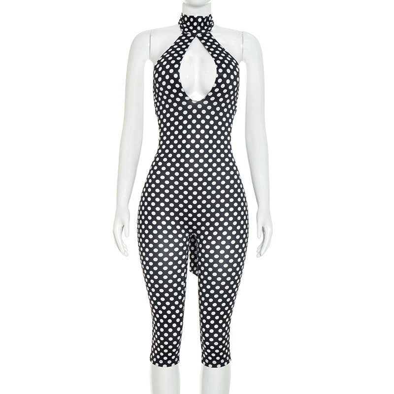 Womens Sexy Polka-dot Halterneck Three-quarter-length Jumpsuit DC-Beyond Borders Collective