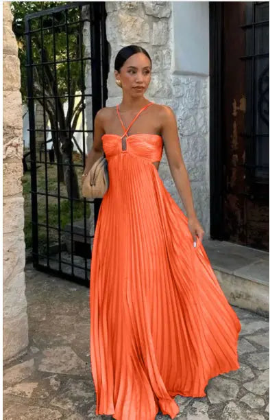 Ins Pleated Sleeveless Sling Dress Hollow High Waist Halter Robe Dresses For Evening Party Club Clothing Women DC-Beyond Borders Collective