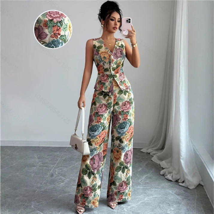 Womens Printed Waist-Cinching Sleeveless Vest Top High-Waisted Wide-Leg Pants Two-Piece Set DC-Beyond Borders Collective