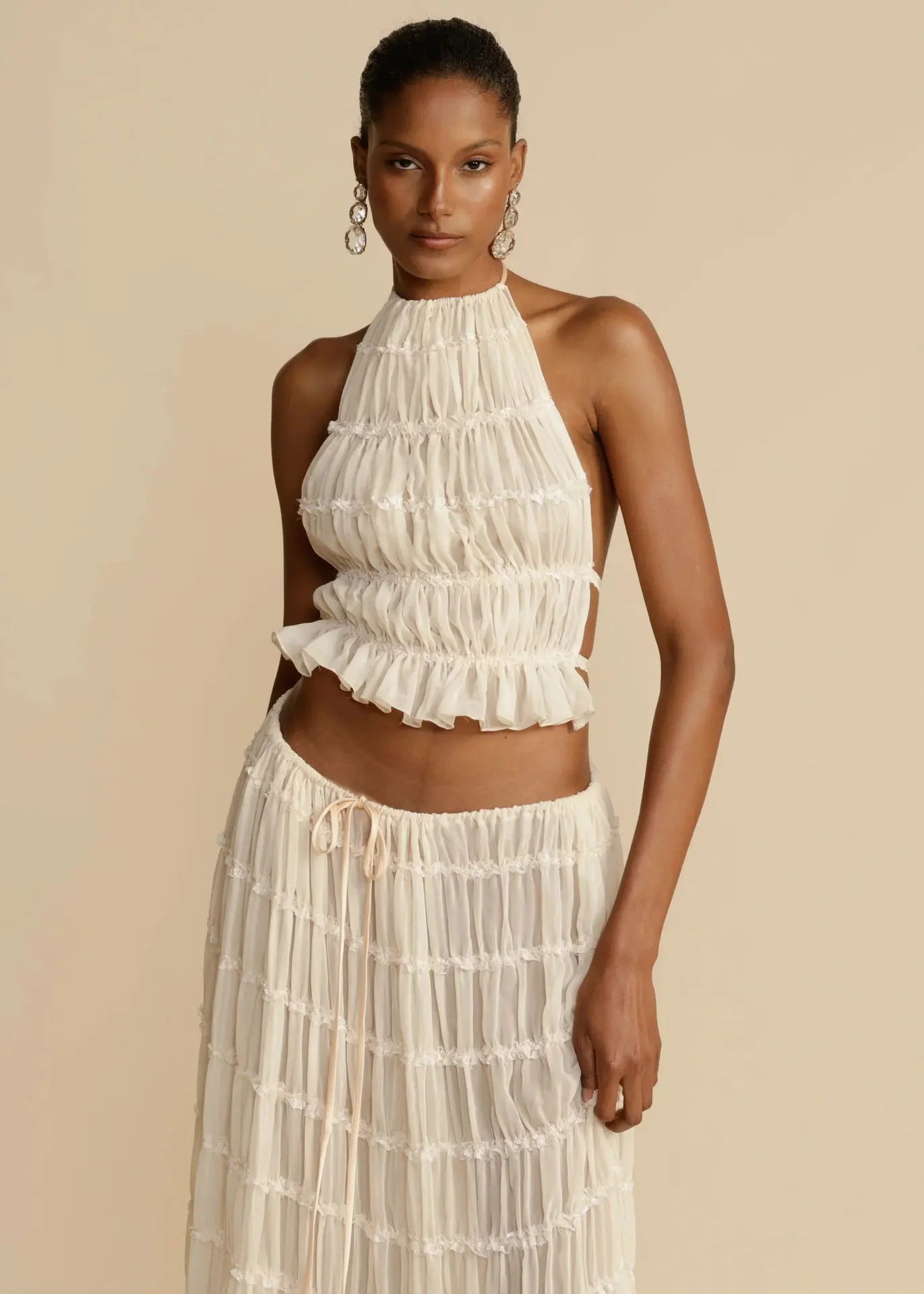 2pcs Women's Dress Suit Sexy Sleeveless Backless Cropped Halter Top And Pleated Long Skirt Beach Clothing DC-Beyond Borders Collective