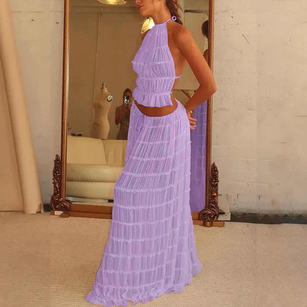 2pcs Women's Dress Suit Sexy Sleeveless Backless Cropped Halter Top And Pleated Long Skirt Beach Clothing DC-Beyond Borders Collective