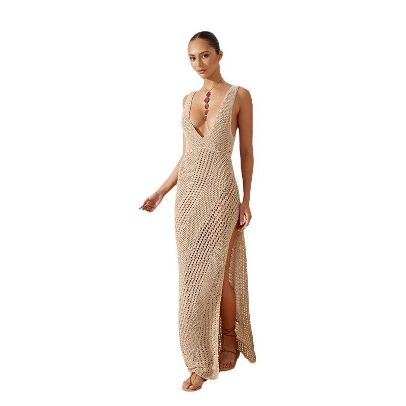 European And American-style Solid-color Sexy V-neck Slit Knit Beach Dress For Women DC-Beyond Borders Collective
