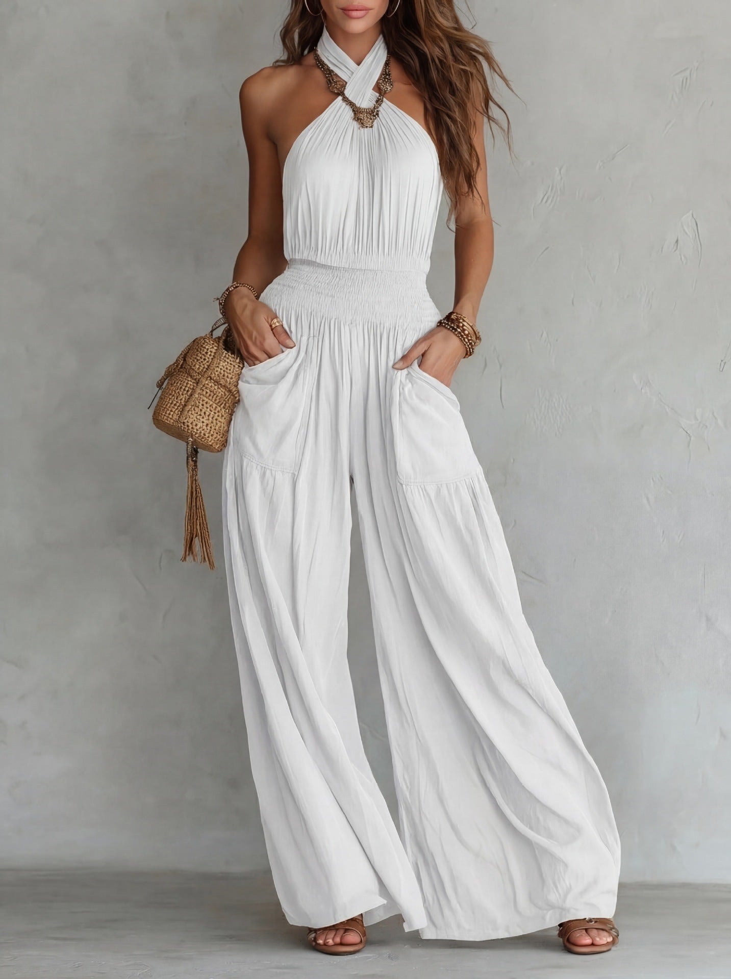 Womens Slim-fit Backless Sleeveless Wide-leg Jumpsuit DC-Beyond Borders Collective