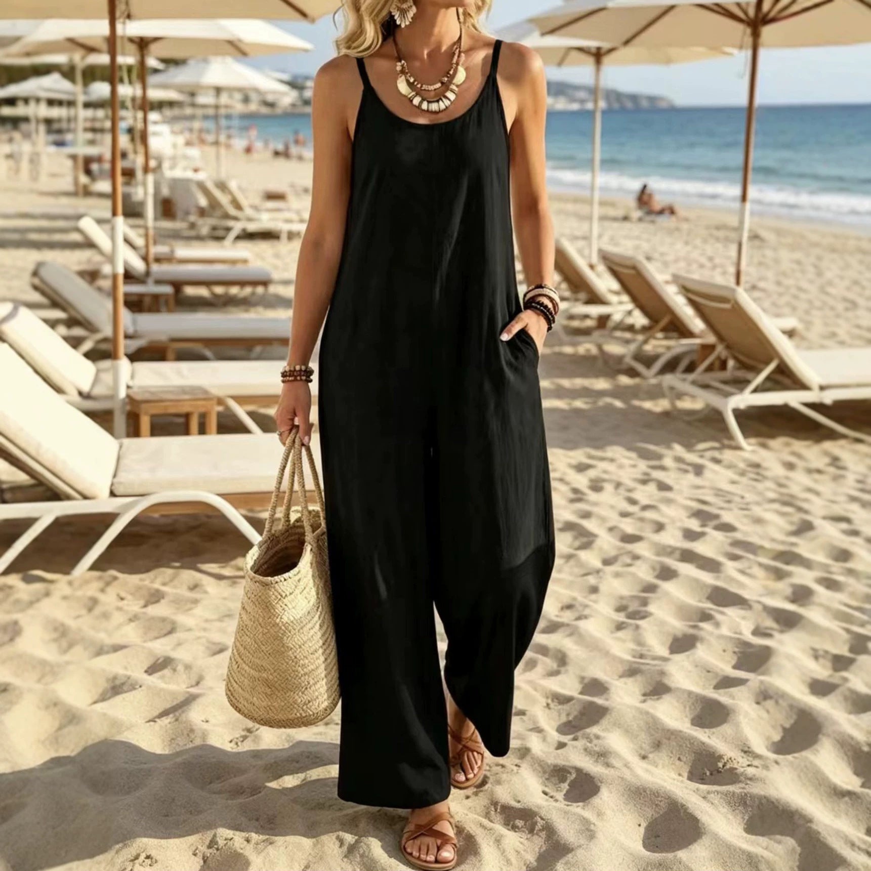 Womens Casual Resort-style Loose-fit Strap Solid-color Jumpsuit DC-Beyond Borders Collective