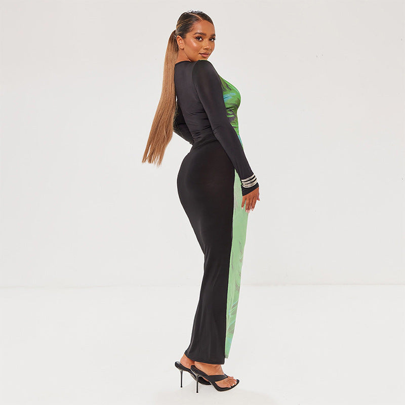 Round-neck Printed Long-sleeve Waist-cinching Sheath Dress DC-Beyond Borders Collective