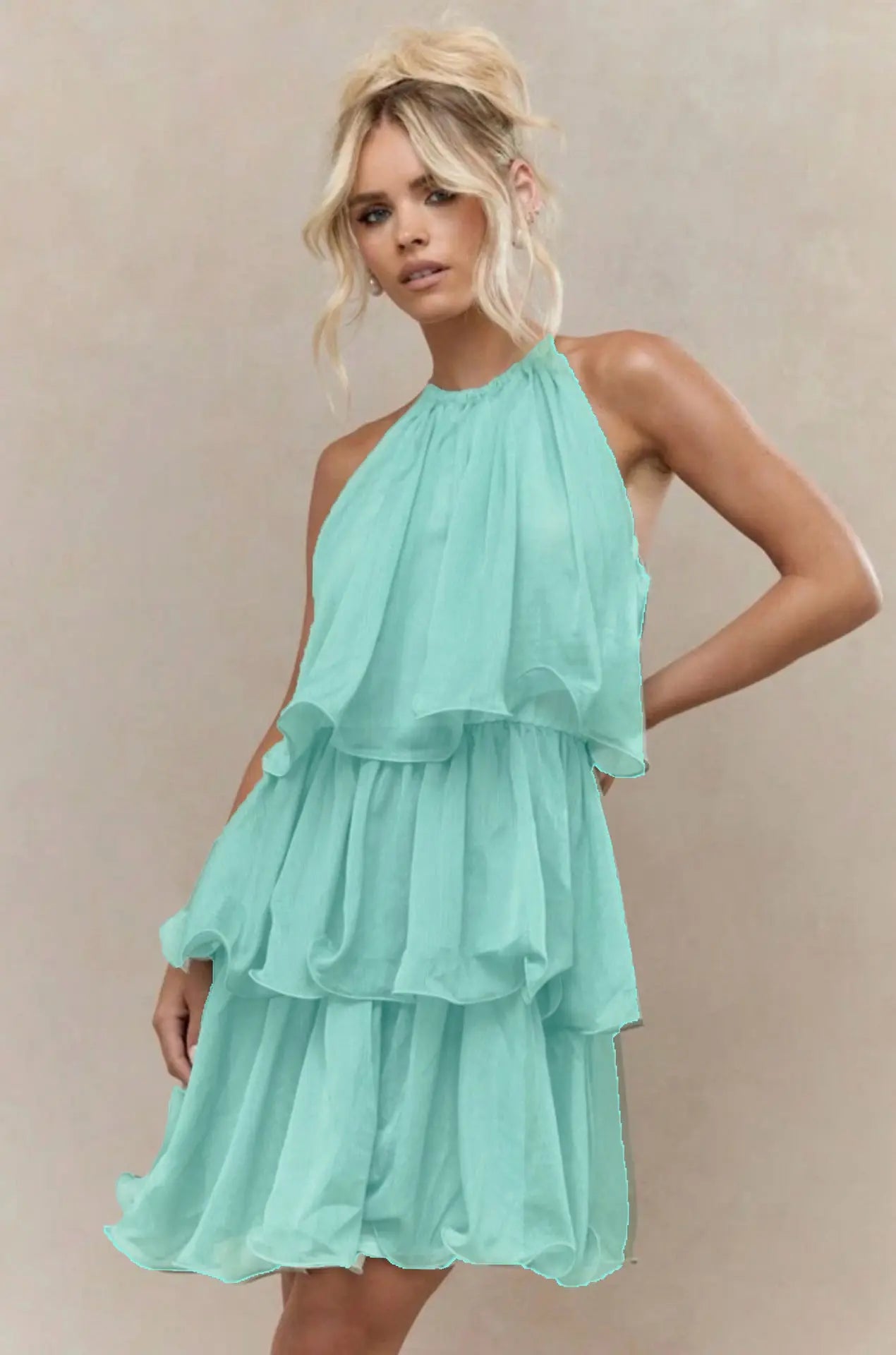 Strapless Sleeveless Sheer Dress With Ruffled Hem And Elegant Design RightOn68