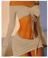 Drawstring Drop Ruched Off Shoulder Two-piece Skirt Set Y2K Long Sleeve Top & Bodycon Skirt Outfits Women's Clothing DC-Beyond Borders Collective