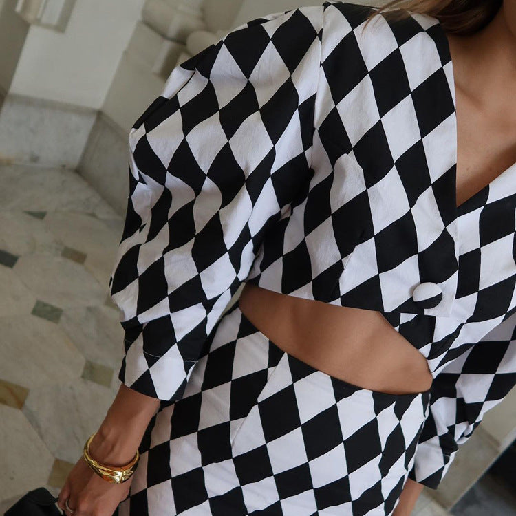 Diamond Check Puff Sleeve V-Neck Crop Top & High Waist Mermaid Maxi Skirt 2-Piece Co-Ord Set DC-Beyond Borders Collective