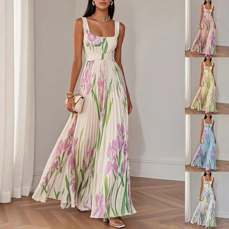 Floral Print Pleated Dress Summer A-Line Sleeveless Midi Dresses Women's Clothing DC-Beyond Borders Collective