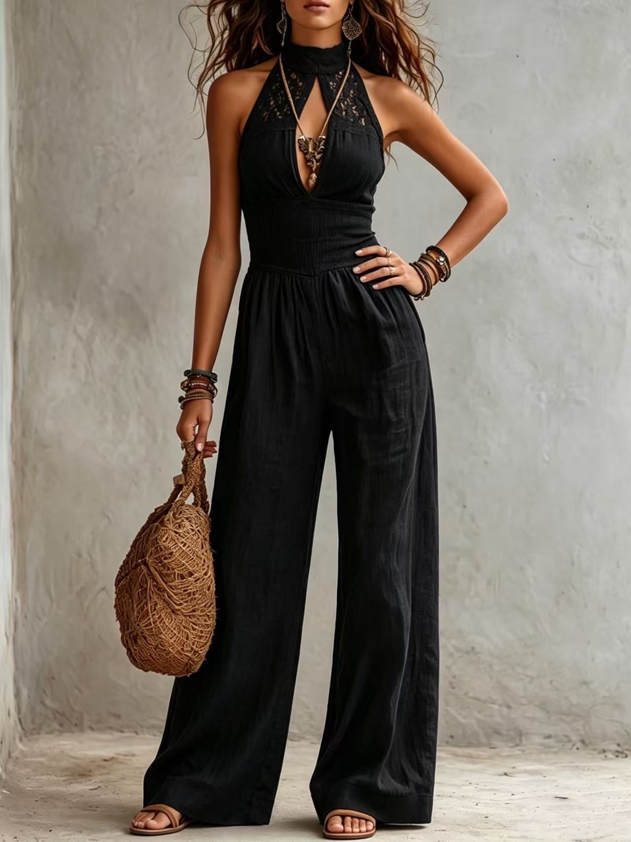 Personalized Street Style Loose Fit Sleeveless Waist-Cinching Wide-Leg Jumpsuit DC-Beyond Borders Collective