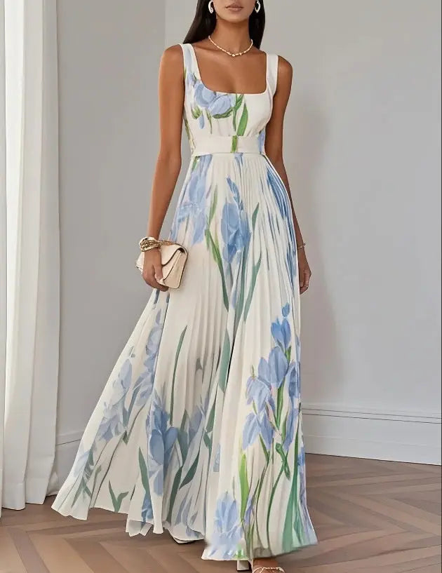 Floral Print Pleated Dress Summer A-Line Sleeveless Midi Dresses Women's Clothing DC-Beyond Borders Collective