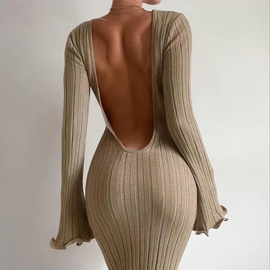 Fashion Slim Long-sleeved Ruffled Long Dress Sexy Hip-wrapped Back-less Knitted Maxi Dresses For Party Beach Womens Clothing RightOn68