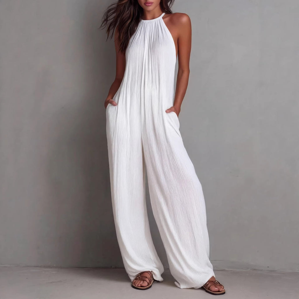Resort-style White Pleated Open-back Wide-leg Jumpsuit DC-Beyond Borders Collective