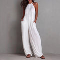 Resort-style White Pleated Open-back Wide-leg Jumpsuit DC-Beyond Borders Collective