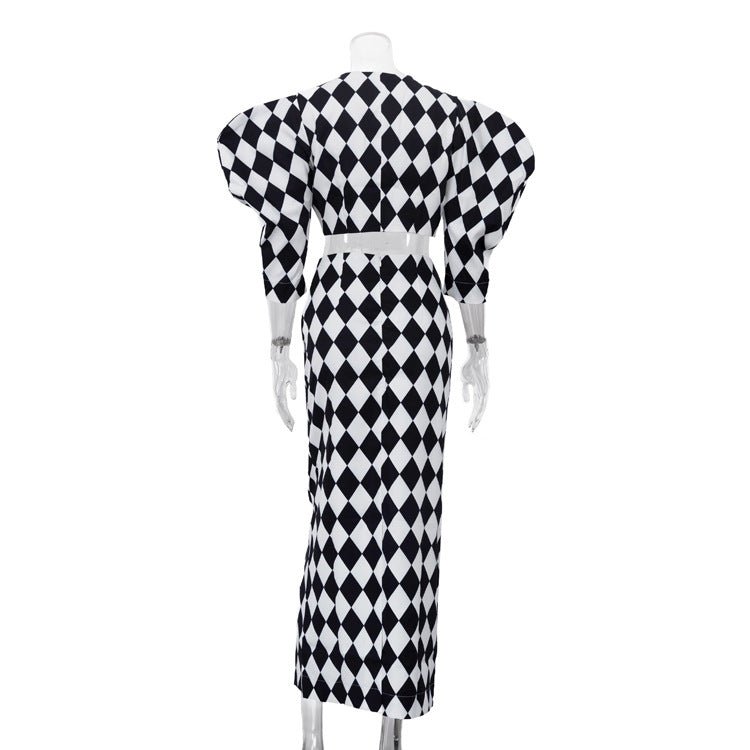 Diamond Check Puff Sleeve V-Neck Crop Top & High Waist Mermaid Maxi Skirt 2-Piece Co-Ord Set DC-Beyond Borders Collective