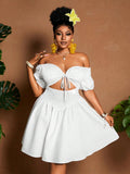 Womens Solid-color Plus-size Off-shoulder Midriff-baring Puff-sleeve Dress DC-Beyond Borders Collective
