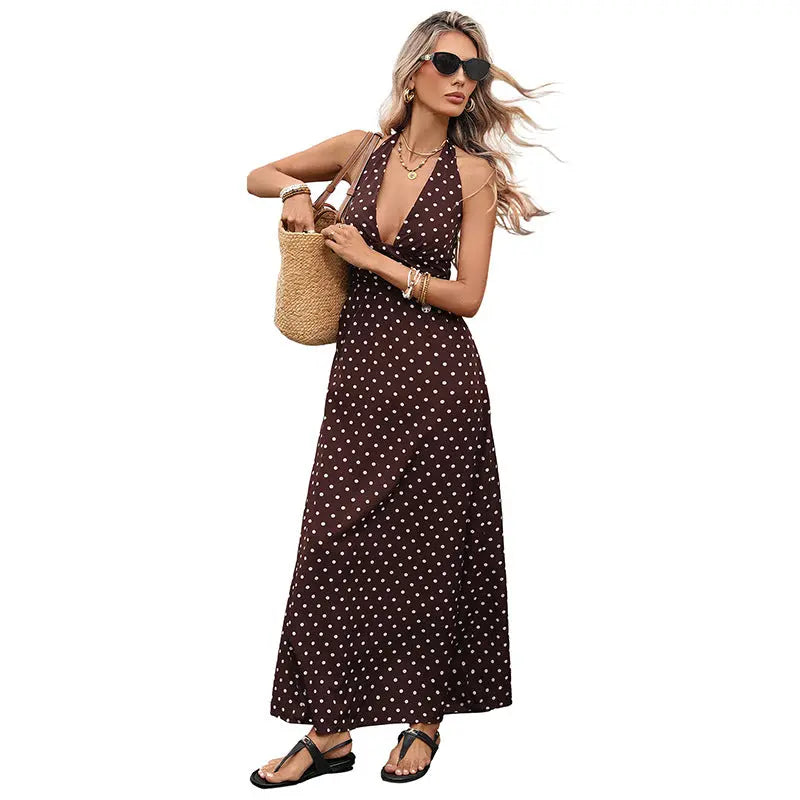 Retro Resort-Style Halterneck V-Neck Polka-Dot Dress RightOn68