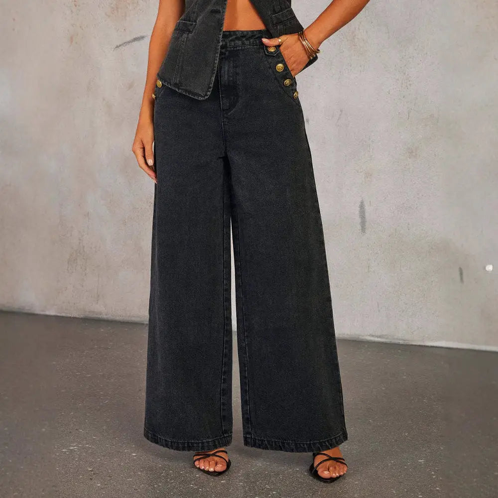 Denim Sleeveless Vest and Wide Leg Straight Pants Set RightOn68