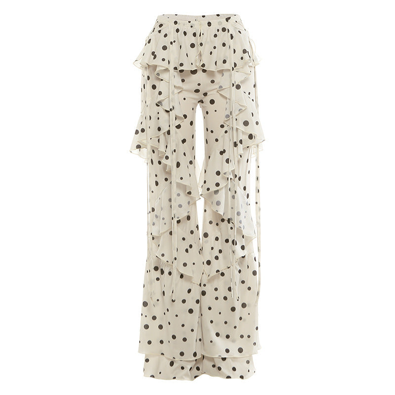 Womens Lace-Up Patchwork Polka-Dot Print Flounce-Trim Cropped Pants DC-Beyond Borders Collective