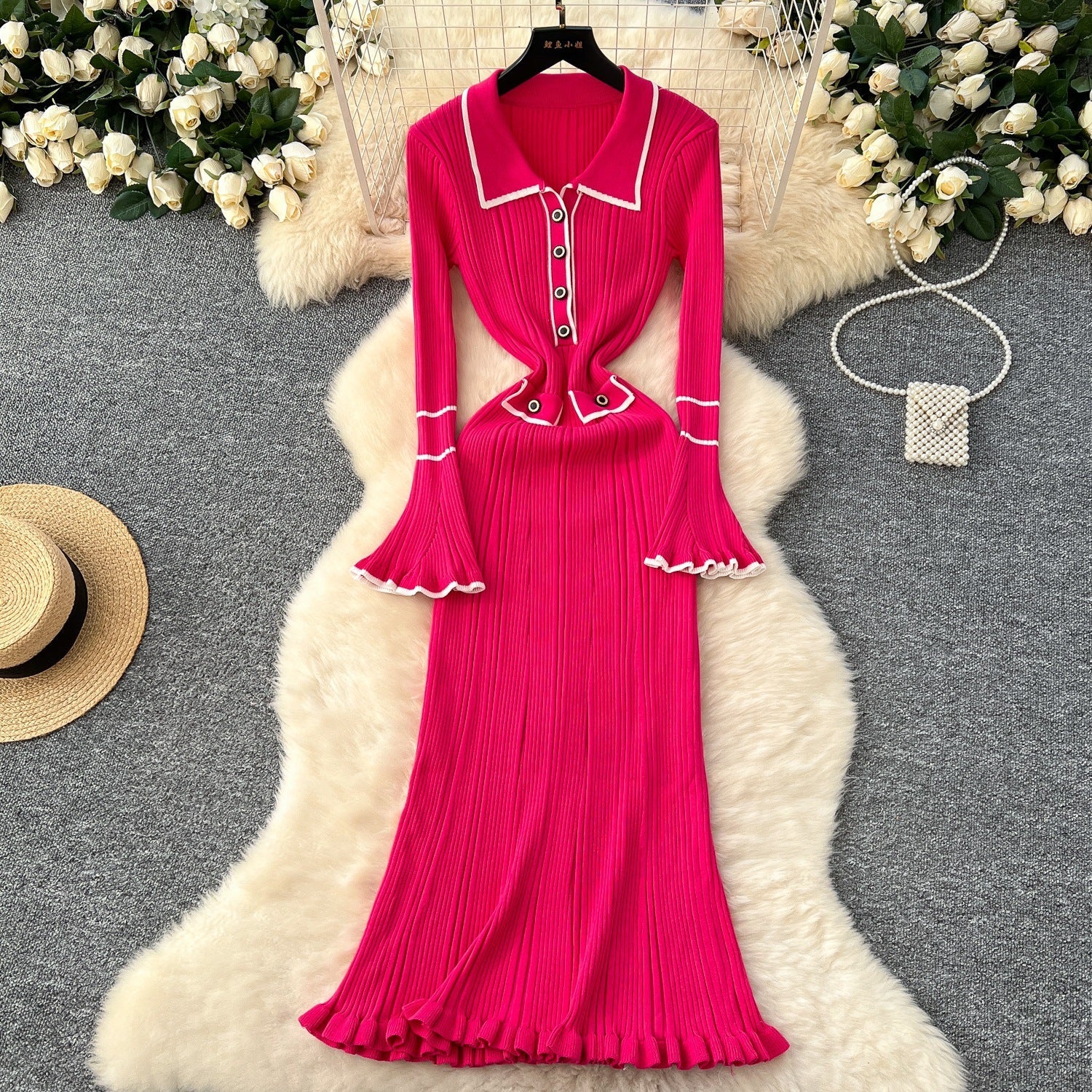 AutumnWinter Sophisticated Chanel-style Belted-peak-collar Dress With Flared Sleeves A Figure-flattering Knit Bodycon Style DC-Beyond Borders Collective