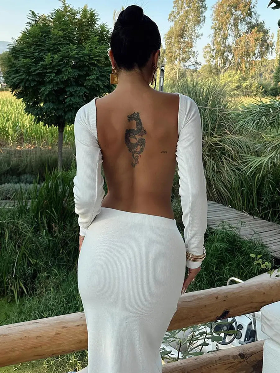Women's Clothing Autumn Casual Long Sleeves Top Backless Slim Fit Long Skirt Suit DC-Beyond Borders Collective