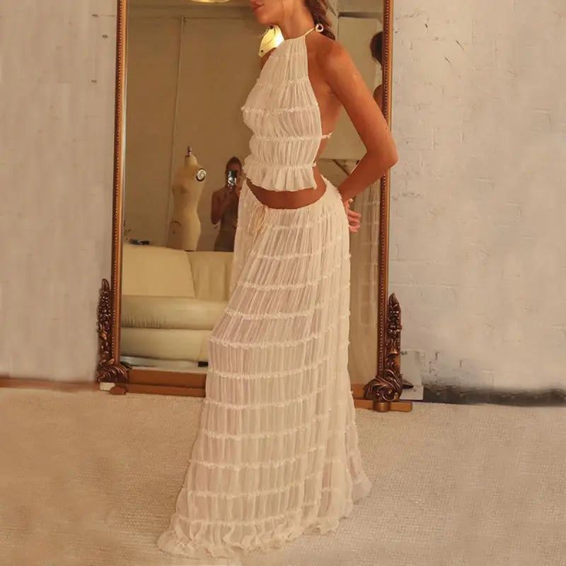 2pcs Women's Dress Suit Sexy Sleeveless Backless Cropped Halter Top And Pleated Long Skirt Beach Clothing DC-Beyond Borders Collective