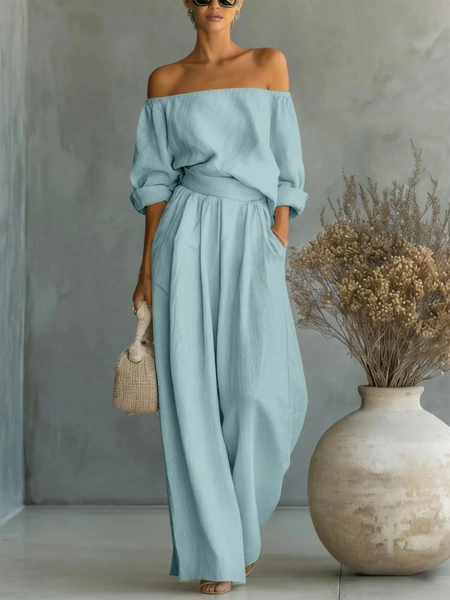 Casual Two-Piece Womens Outfit Off-Shoulder Top And Wide-Leg Pants Set DC-Beyond Borders Collective
