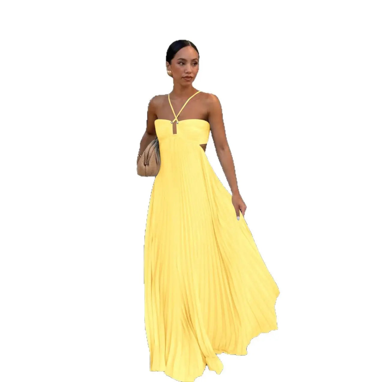 Ins Pleated Sleeveless Sling Dress Hollow High Waist Halter Robe Dresses For Evening Party Club Clothing Women DC-Beyond Borders Collective