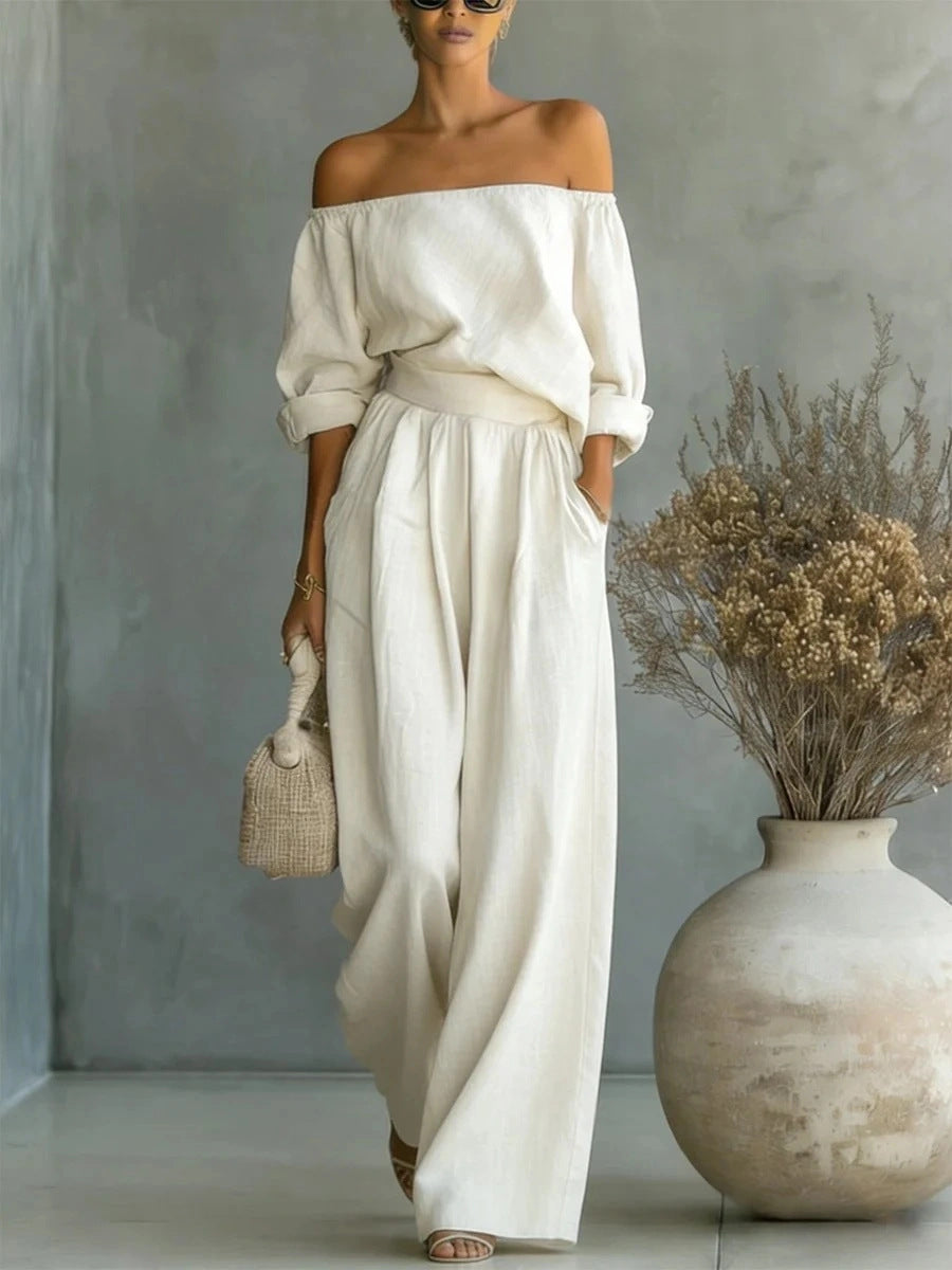 Casual Two-Piece Womens Outfit Off-Shoulder Top And Wide-Leg Pants Set DC-Beyond Borders Collective