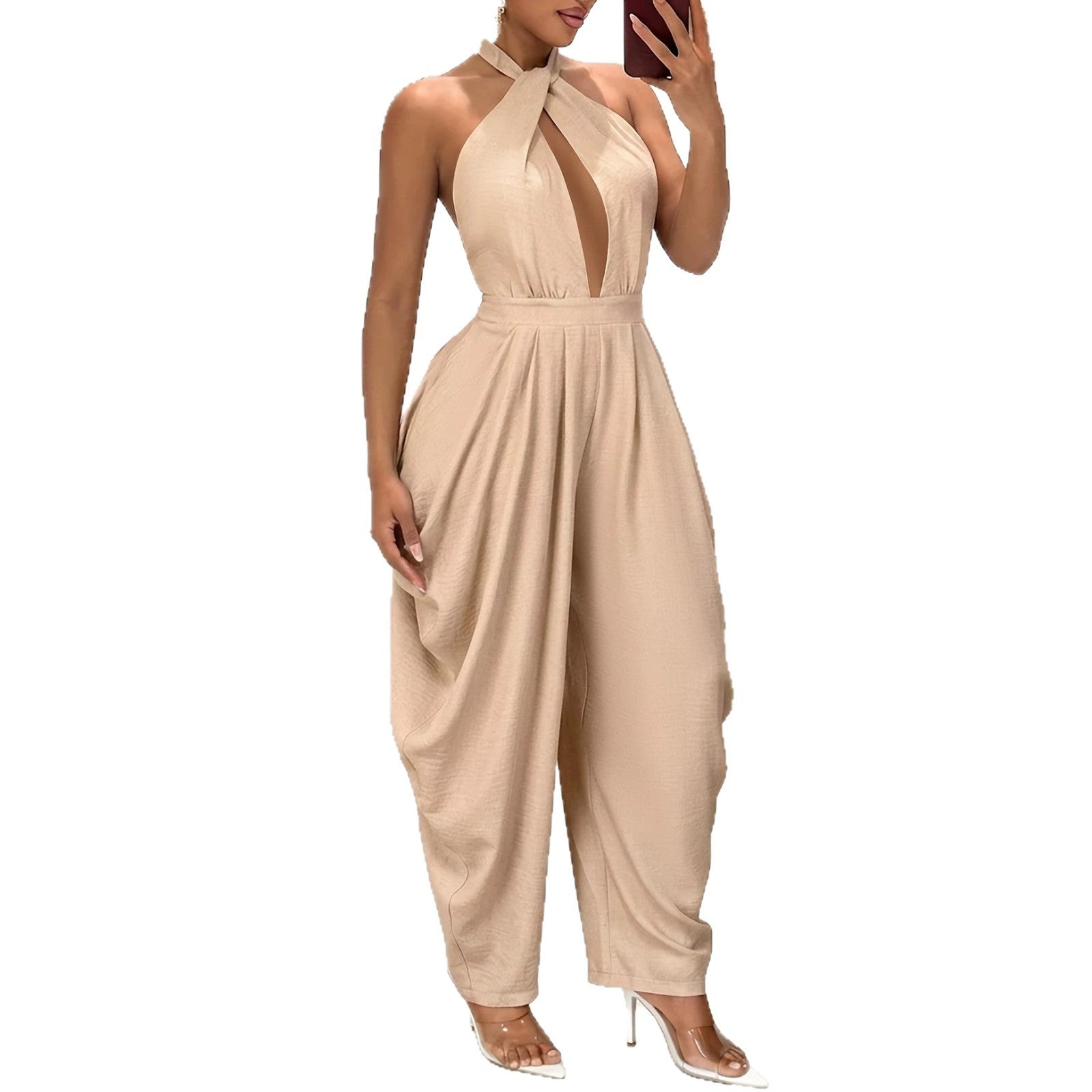 Halter-neck Crossover Backless Jumpsuit With Pleated Wide-leg Harem Pants DC-Beyond Borders Collective