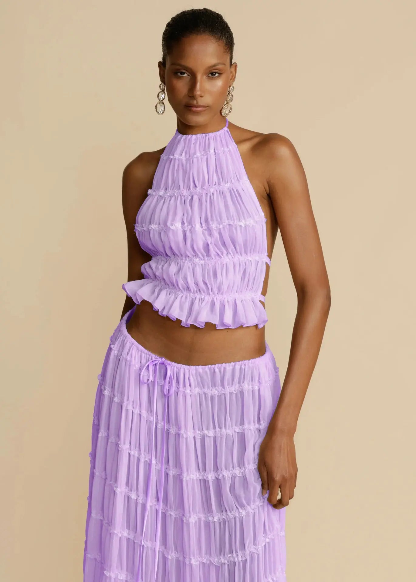 2pcs Women's Dress Suit Sexy Sleeveless Backless Cropped Halter Top And Pleated Long Skirt Beach Clothing DC-Beyond Borders Collective