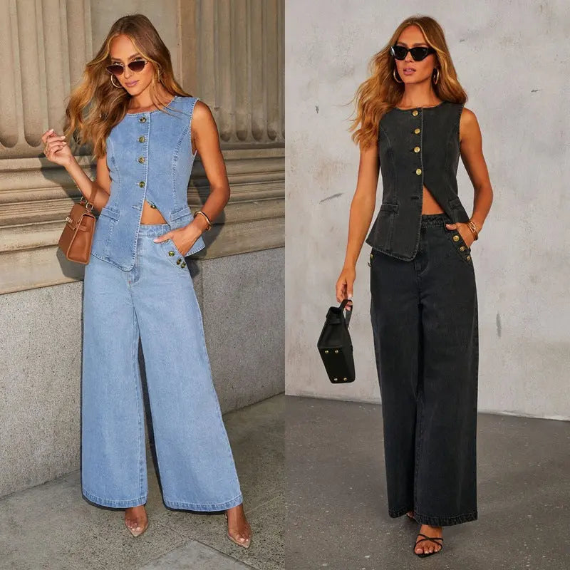 Denim Sleeveless Vest and Wide Leg Straight Pants Set RightOn68
