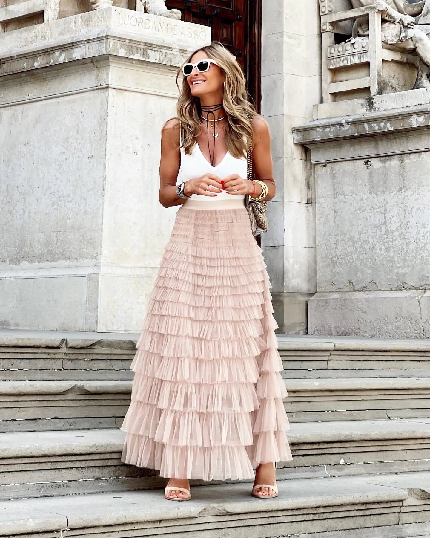 A Line Swing Mesh Long Skirt RightOn68
