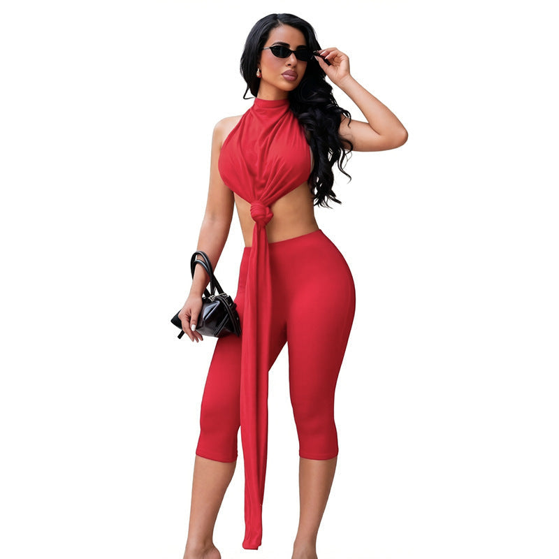 Halter-neck Tie-detail Twist Top Paired With Tight Capri Pantstwo-piece Set DC-Beyond Borders Collective