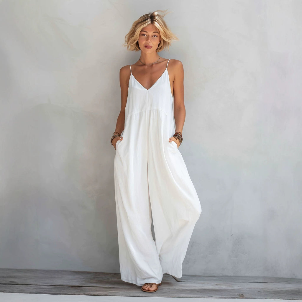 SpringSummer New Womens Solid-Color Cotton-Linen V-Neck Lace-Up Suspender Wide-Leg Jumpsuit DC-Beyond Borders Collective