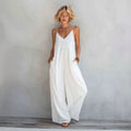 SpringSummer New Womens Solid-Color Cotton-Linen V-Neck Lace-Up Suspender Wide-Leg Jumpsuit DC-Beyond Borders Collective