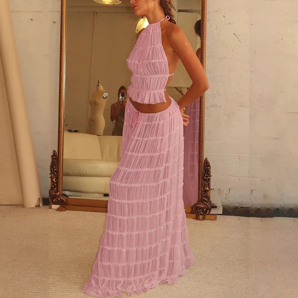 2pcs Women's Dress Suit Sexy Sleeveless Backless Cropped Halter Top And Pleated Long Skirt Beach Clothing DC-Beyond Borders Collective