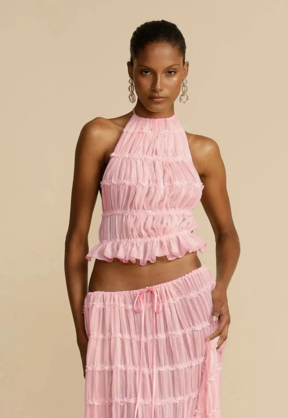 2pcs Women's Dress Suit Sexy Sleeveless Backless Cropped Halter Top And Pleated Long Skirt Beach Clothing DC-Beyond Borders Collective