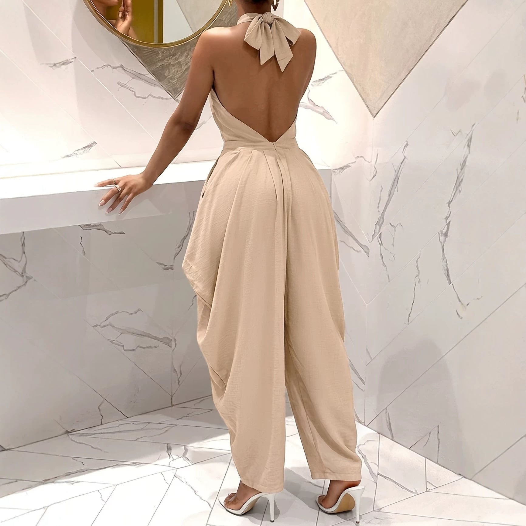 Halter-neck Crossover Backless Jumpsuit With Pleated Wide-leg Harem Pants DC-Beyond Borders Collective