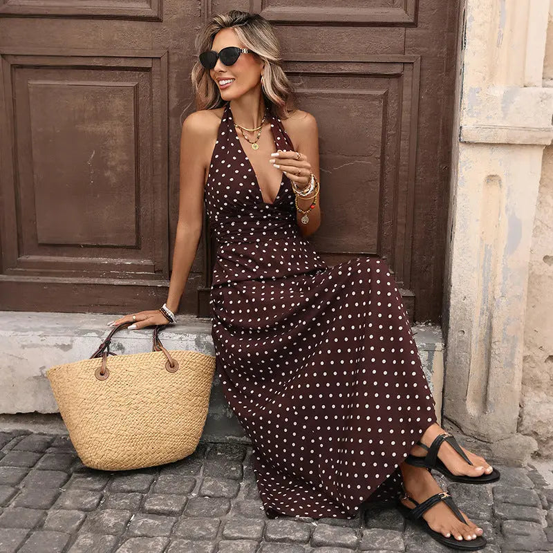 Retro Resort-Style Halterneck V-Neck Polka-Dot Dress RightOn68