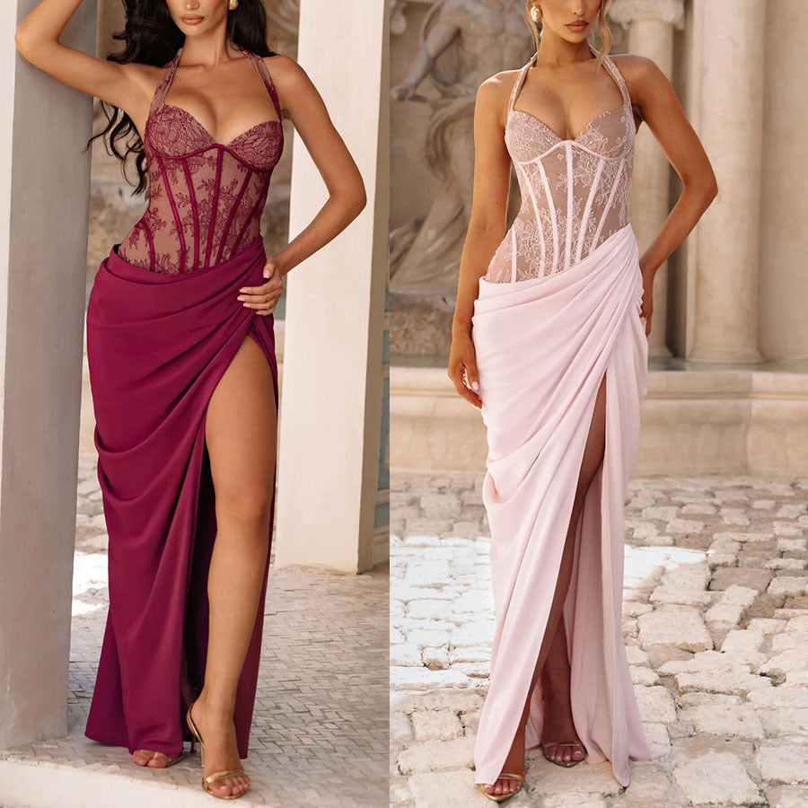 SpringSummer New Halter-Neck Lace-Up Patchwork Dress DC-Beyond Borders Collective