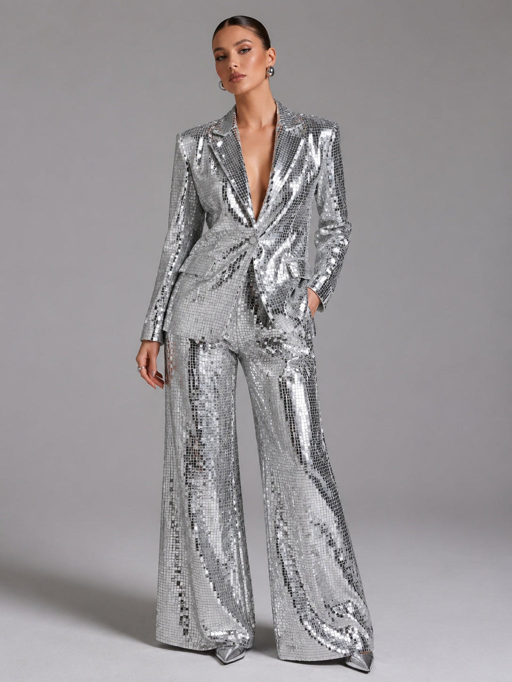 Silver Square Sequin Peak Lapel Blazer & High Waist Full Flare Trousers 2-Piece Party Suit DC-Beyond Borders Collective